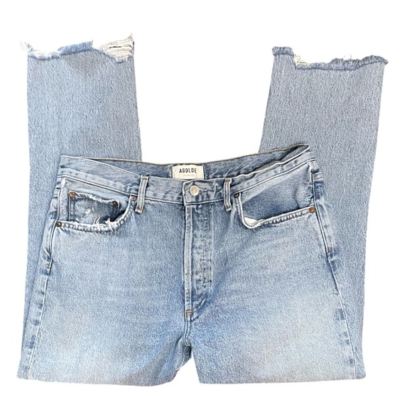 AGOLDE Riley Ankle Crop High Rise Straight Leg Blue Jean Distressed Hem Size 30 - Picture 5 of 12